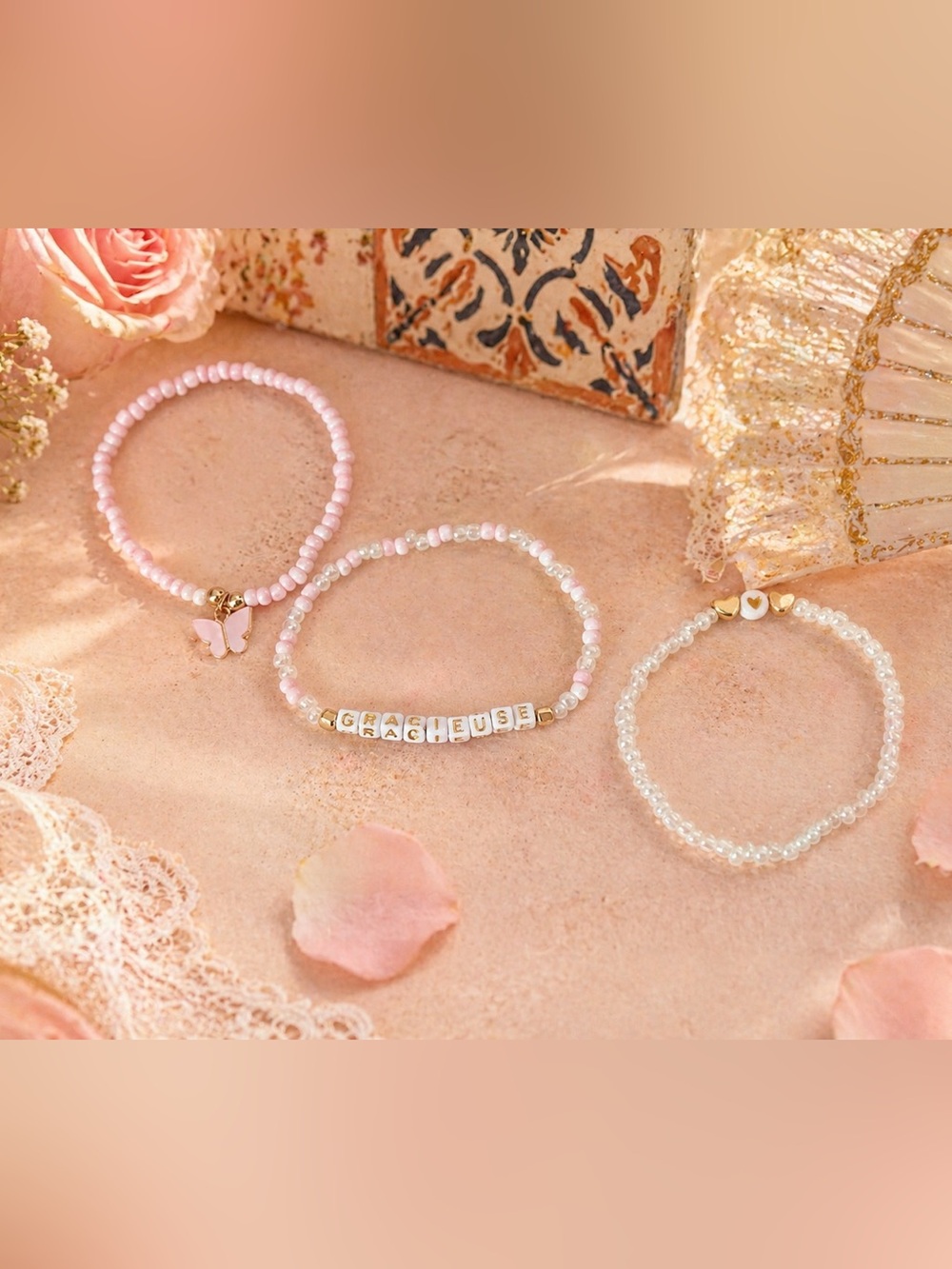 French Gracieuse Pink Pearl Bracelet Set 9”